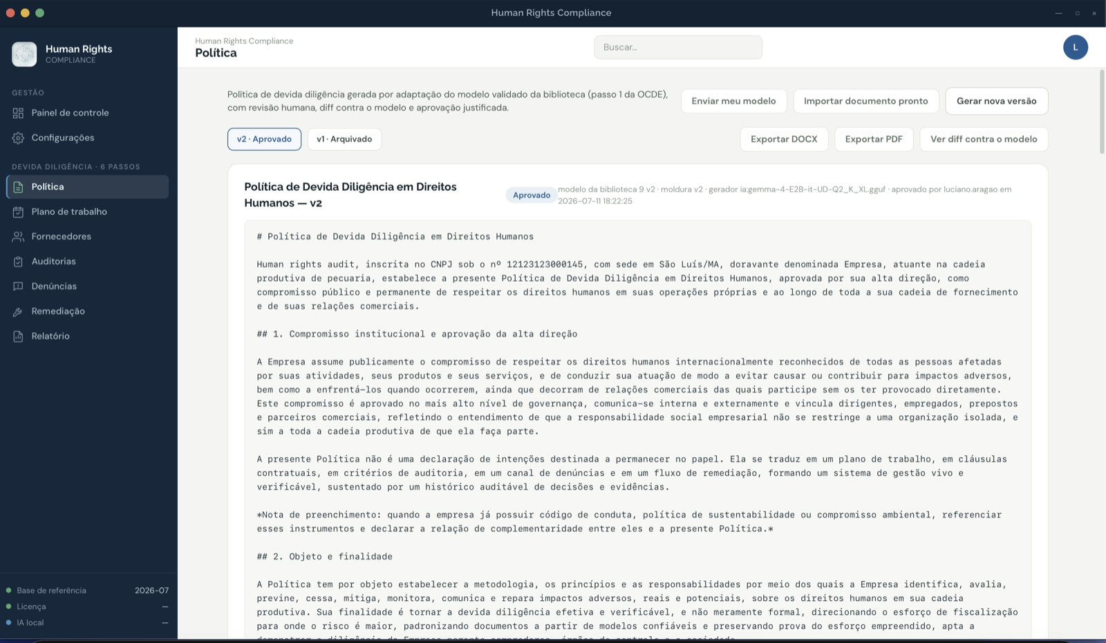 Política de devida diligência aprovada, com versões, exportação em DOCX/PDF e comparação contra o modelo da biblioteca.