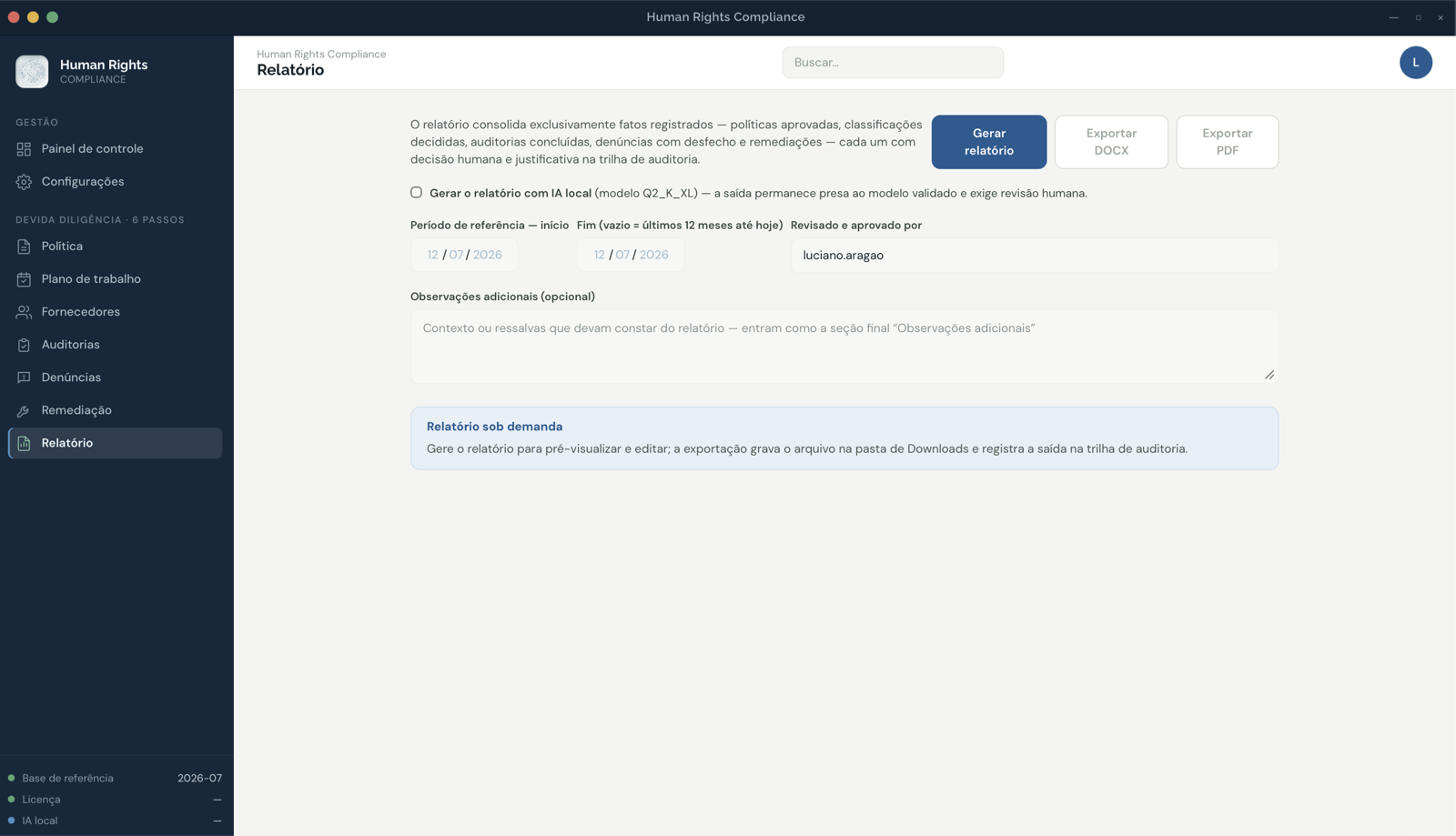 Tela de geração do relatório de devida diligência com período de referência e revisor.